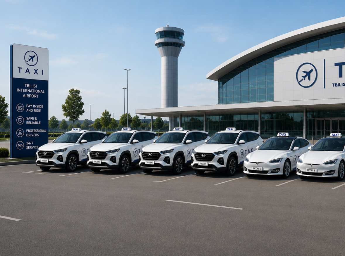 TBS Taxi fleet lined up at Tbilisi International Airport